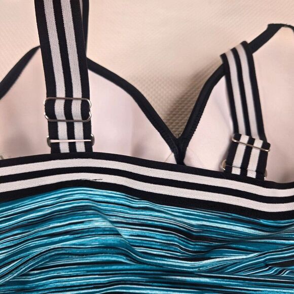 New Womens Size M Lagoon Stripe Tankini Swim Top Adj Strap Ruching Blue Black Sw - Picture 8 of 8
